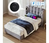 Cama individual tapizada gris de 90 x 200 cm con función de carga usb tipo c, somier con puerta - fideos planos.