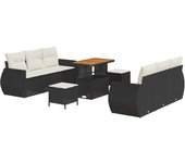 Conjunto de sofá de jardín de 9 piezas con cojines de ratán negro poliéster acacia, conjunto de comedor de jardín de 3 piezas con cojines de ratán neg