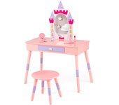 Tocador infantil de princesa con espejo, tabla de crecimiento, colgador de puerta, gancho para ropa y estante de pared, de madera con taburete, rosa