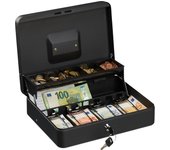 Relaxdays caja dinero con llave, bandeja monedas y 4 compartimentos billetes, cajita hierro, 8,5x30,5x24,5 cm, negro