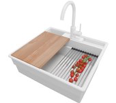 Primagran fregadero granito todo blanco 58x53cm, fregadero cocina 1 seno + sifón + accesorios, fregadero sobre encimera al mueble 60cm - new york