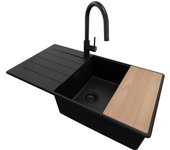 Primagran fregadero granito todo negro 90x50cm, fregadero cocina 1 seno + sifón + accesorios, fregadero sobre encimera al mueble 60cm - copenhague