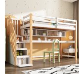 Cama entrepiso 90 x 200 cm con escritorio, estantes y 4 cajones - madera de pino - colores: natural y blanco