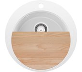 Primagran fregadero cocina circular blanco 50x50cm, fregadero granito 1 seno + sifón + accesorios, fregadero sobre encimera al mueble 45cm - pisa