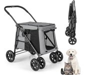 Cochecito plegable para perros y gatos de hasta 40kg, con cojín suave, ventana de malla y 2 entradas, ruedas universales y asa, gris