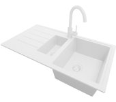 Primagran fregadero granito todo blanco 90x50cm, fregadero cocina 1,5 senos + sifón + accesorios, fregadero sobre encimera al mueble 60cm