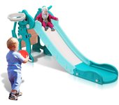 Tobogán infantil 4 en 1, parque infantil plegable para jardín con aro de baloncesto y aro de lanzamiento, aprendizaje de inglés, color verde