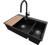 Primagran fregadero granito negro metallic 78x50cm, fregadero cocina 2 senos + sifón + accesorios, fregadero sobre encimera al mueble 80cm - oslo duo