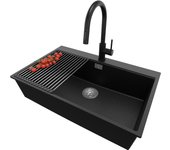 Primagran fregadero granito negro metallic 78x50cm, fregadero cocina 1 seno + sifón + accesorios, fregadero sobre encimera al mueble 80cm - oslo