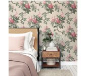 Papel pintado de ramas con hojas verdes y flores rojas elegantes fondo beige claro - blooming serenade 683429 de gaulan - rollo de 10 m x 0,52 m