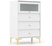 Cómoda con 3 cajones, de almacenamiento con puerta de vidrio y cajones deslizantes, cajonera estrecha moderna con patas metálicas doradas, blanco
