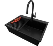 Primagran fregadero granito todo negro 68x50cm, fregadero cocina 1 seno + sifón + accesorios, fregadero sobre encimera al mueble 70cm - oslo