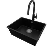 Primagran fregadero granito negro 56x44cm, fregadero cocina 1 seno + sifón + accesorios, fregadero sobre encimera al mueble 60cm - venecia slim easy