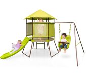 Juego de columpio y tobogán para niños 4 en 1 con fuerte de juegos techada, asiento de columpio para bebé de altura ajustable, 225 x 203 x 168 cm