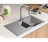 Primagran fregadero cocina gris 90x50cm, fregadero granito 1,5 senos + sifón, fregadero sobre encimera al mueble 60cm - copenhague duo
