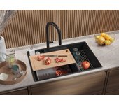 Primagran fregadero cocina grafito 78x53cm, fregadero granito 2 senos + sifón + accesorios, fregadero sobre encimera al mueble 80cm - paris