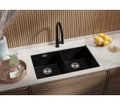 Primagran fregadero bajo encimera negro 76x47cm, fregadero cocina 2 senos + sifón, fregadero granito al mueble 80cm - london twin