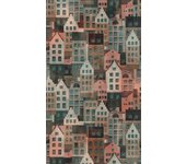 Papel pintado de casitas apelotonadas verde claro y rosa 391822