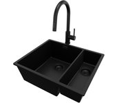 Primagran fregadero granito todo negro 56x47cm, fregadero cocina 1,5 senos + sifón + accesorios, fregadero sobre encimera al mueble 60cm