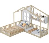Cama infantil 90x200 cm (140x70 cm), con ventana y chimenea en forma de casa, color madera