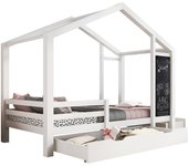 Cama cabane de madera maciza con cuadro y 2 cajones, cama infantil 90x200cm barrera y somier, blanco - sin colchón