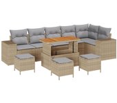 Conjunto de sofá de jardín de 10 piezas con cojines beige de poliratán, conjunto de comedor de jardín de 4 piezas con cojines beige de poliratán