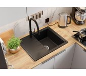 Primagran fregadero cocina negro 62x50cm, fregadero granito 1 seno + sifón, fregadero sobre encimera al mueble 40cm - milano