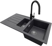 Primagran fregadero granito grafito 90x50cm, fregadero cocina 1,5 senos + sifón + accesorios, fregadero sobre encimera al mueble 60cm