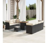 Conjunto de sofá de jardín de 10 piezas con cojines ratán poliéster negro acacia, conjunto de comedor de jardín de 3 piezas con cojines ratán poliéste