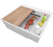 Primagran fregadero cocina blanco 58x53cm, fregadero granito 1 seno + sifón + accesorios, fregadero sobre encimera al mueble 60cm - oslo max