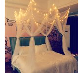 Dosel de cama de 8 esquinas con 40 luces led de cadena de estrellas, red de cama, dosel cuadrado de 4 puertas, cortinas de cama