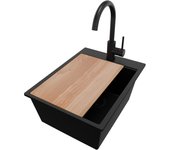 Primagran fregadero granito todo negro 38x50cm, fregadero cocina 1 seno + sifón + accesorios, fregadero sobre encimera al mueble 40cm - oslo