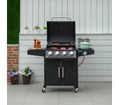 Barbacoa a gas de 4 quemadores, 3 kw por quemador, carro móvil con ruedas, mesas laterales, 132,4x55x109 cm