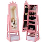 Armario para joyas de niños con espejo de cuerpo completo, organizador de pie para joyas con cajón plegable, kit antivuelco, mueble de princesas para