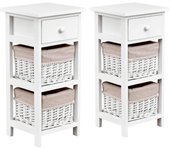 Mesa de noche con cajón y 2 cestas trenzadas, mueble auxiliar de madera maciza, mesita de noche, estable y estrecha, montaje fácil (blanco x 2)