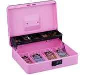 Relaxdays caja dinero, combinación 3 números, bandeja para monedas y 4 espacios para billetes, cajita efectivo, rosa