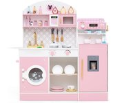 Cocina de juguete de madera para niños, set de cocina imaginaria para niños pequeños con estufas, fregadero, cafetera, fabricador de hielo,