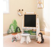 Pizarra de arte para niños con taburete, pizarra de pie ajustable en altura 4 en 1 con pizarra magnética, pizarra de tiza y papel, mesa de