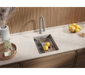Primagran fregadero bajo encimera gris 36x47cm, fregadero cocina 1 seno + sifón + enrollable escurridor, fregadero granito al mueble 40cm - prague