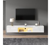 Mueble tv suspendido blanco alto brillo 160x31x22 cm para tv 70, led bluetooth, almacenamiento y gestión de cables
