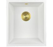Fregadero granitemy universal de granito blanco 34x40 cm de montaje sobre encimera, bajo encimera y empotrado con tapón dorado 1208967149
