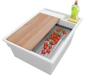 Primagran fregadero cocina todo blanco 38x53cm, fregadero granito 1 seno + sifón + accesorios, fregadero sobre encimera al mueble 40cm - oslo pocket