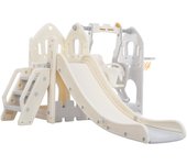 Tobogán infantil 5 en 1 179x184x103 cm con columpio, soporte para canasta de baloncesto y escalera, gris
