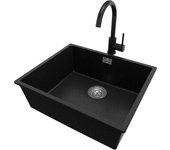 Primagran fregadero bajo encimera negro metallic 56x47cm, fregadero granito 1 seno + grifo 32x20cm + sifón, fregadero cocina al mueble 60cm - london