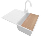 Primagran fregadero granito todo blanco 70x50cm, fregadero cocina 1 seno + sifón + accesorios, fregadero sobre encimera al mueble 40cm - copenhague