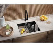 Primagran fregadero bajo encimera negro metallic 56x47cm, fregadero cocina 1 seno + sifón + accesorios, fregadero granito al mueble 60cm - prague