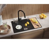 Primagran fregadero cocina negro metallic 78x50cm, fregadero granito 1 seno + sifón + accesorios, fregadero sobre encimera al mueble 60cm