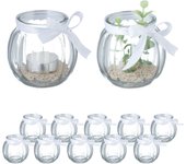 Relaxdays portavelas, set de 12, cristal, porta velas té con lazo, interior y exterior, decoración mesa, transparente