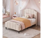 Cama infantil tapizada 90 x 200 cm, somier con cabecero, piecero, terciopelo beige