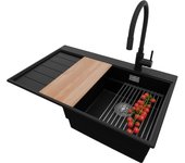 Primagran fregadero granito negro 78x50cm, fregadero cocina 1 seno + sifón + accesorios, fregadero sobre encimera al mueble 45cm - sydney